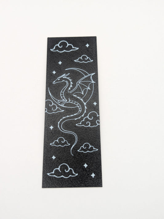 Dragon Sitting on the Moon with Clouds Black and White Bookmark